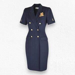 80s Vintage Navy Double Breasted Military Gold Button Wrap Blazer Dress Size 10